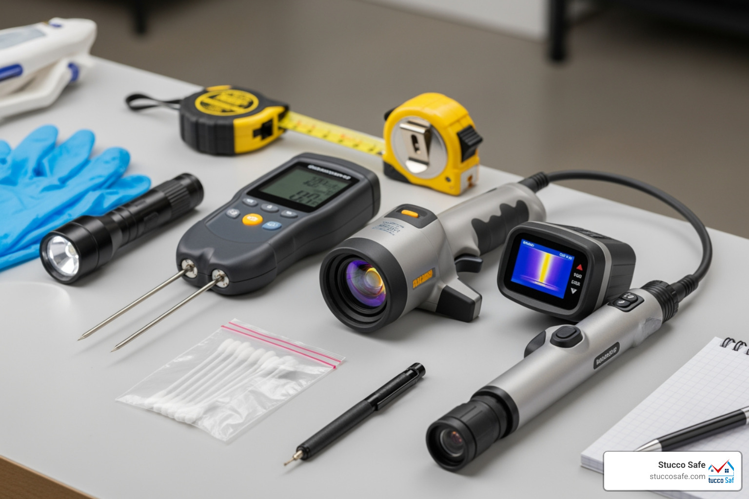 Stucco Safe inspector's toolkit including a moisture meter, thermal camera, and borescope - visual mold inspection Stucco Safe inspector's toolkit including a moisture meter, thermal camera, and borescope - visual mold inspection