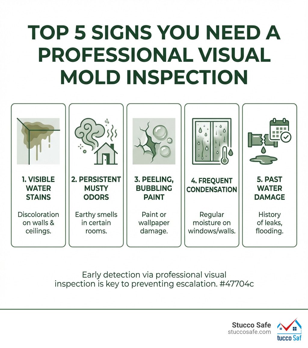 Infographic showing the top 5 signs you need a professional visual mold inspection: 1) Visible water stains or discoloration on walls and ceilings, 2) Persistent musty or earthy odors in certain rooms, 3) Peeling, bubbling, or cracking paint or wallpaper, 4) Condensation regularly forming on windows or walls, 5) Past water damage, flooding, or plumbing leaks in your home's history - visual mold inspection infographic Infographic showing the top 5 signs you need a professional visual mold inspection: 1) Visible water stains or discoloration on walls and ceilings, 2) Persistent musty or earthy odors in certain rooms, 3) Peeling, bubbling, or cracking paint or wallpaper, 4) Condensation regularly forming on windows or walls, 5) Past water damage, flooding, or plumbing leaks in your home's history - visual mold inspection infographic