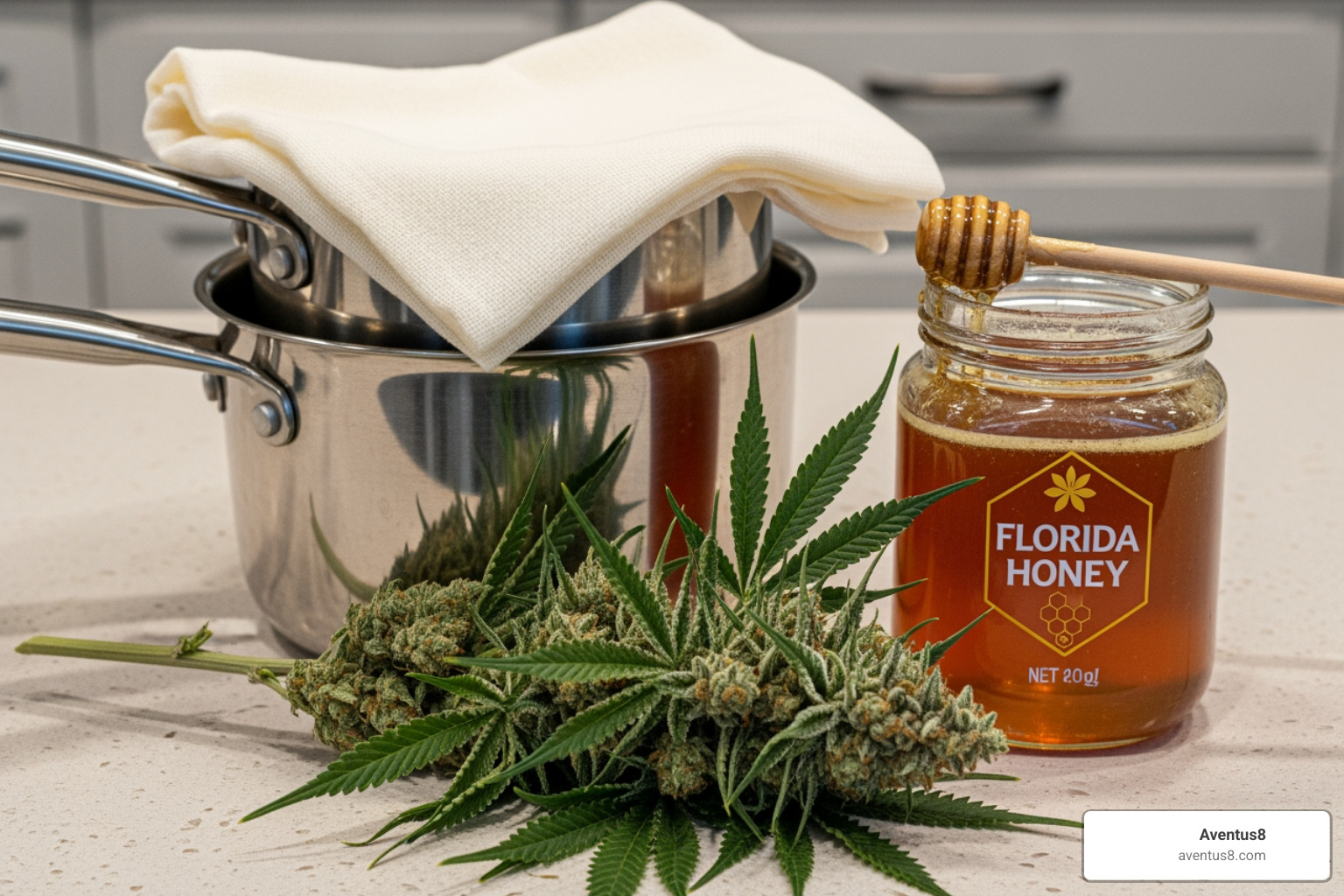 Ingredients for THC honey: cannabis flower, honey, cheesecloth, a double boiler, with local Florida honey featured - THC honey