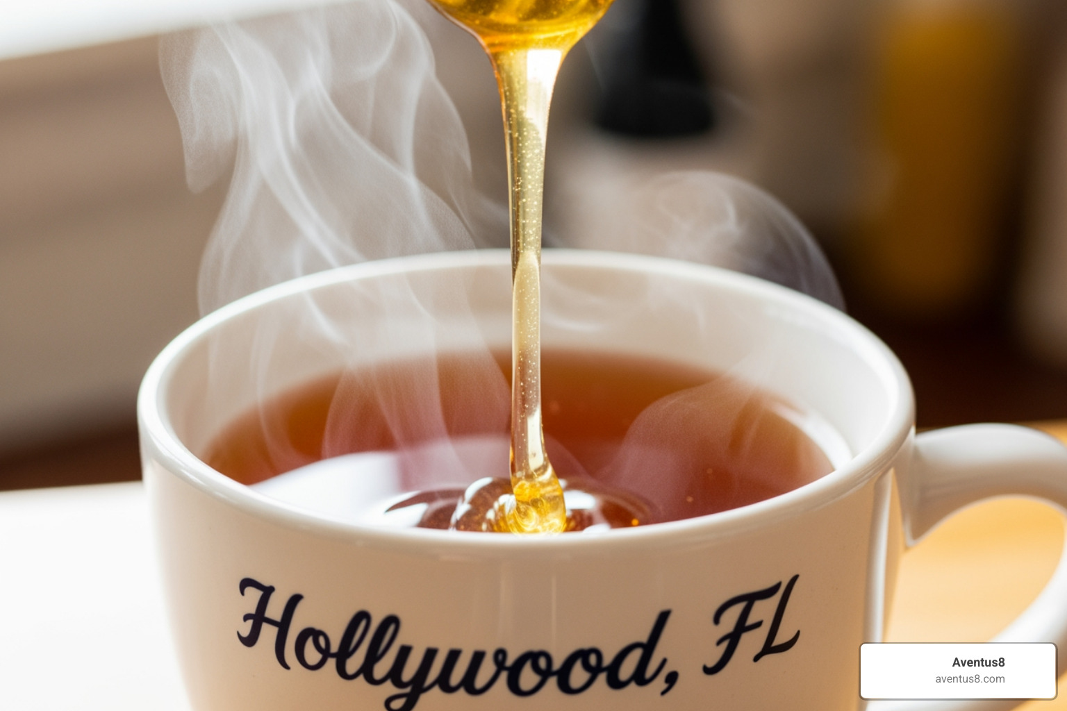 THC honey being drizzled into a cup of tea, with a Hollywood, FL mug - THC honey