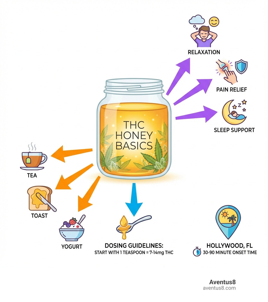 Infographic showing THC honey basics: a jar of golden honey with cannabis leaves, arrows pointing to key benefits (relaxation, pain relief, sleep support), dosing guidelines (start with 1 teaspoon = 7-14mg THC), and popular uses (tea, toast, yogurt). Includes a map pin for Hollywood, FL and notation about 30-90 minute onset time. - THC honey infographic 