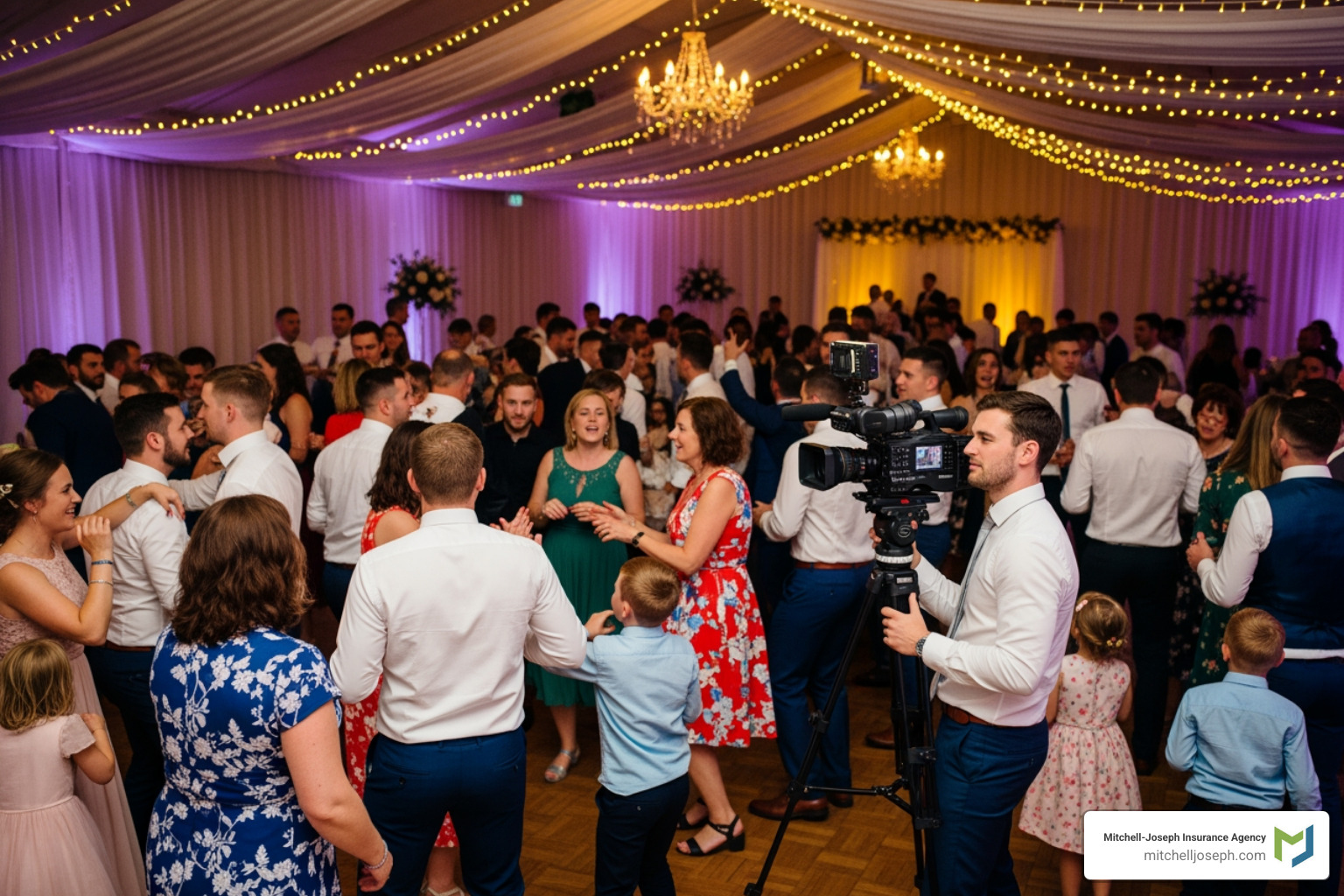 a crowded wedding reception with videography equipment present - Wedding videographer insurance