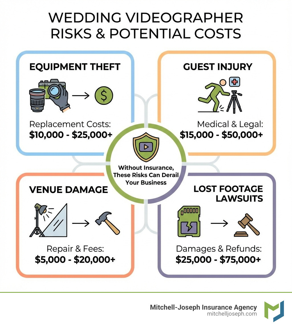infographic showing wedding videographer risks including equipment theft with dollar amounts, guest injury scenarios with medical costs, venue damage examples with repair costs, and lost footage lawsuits with settlement figures - Wedding videographer insurance infographic 