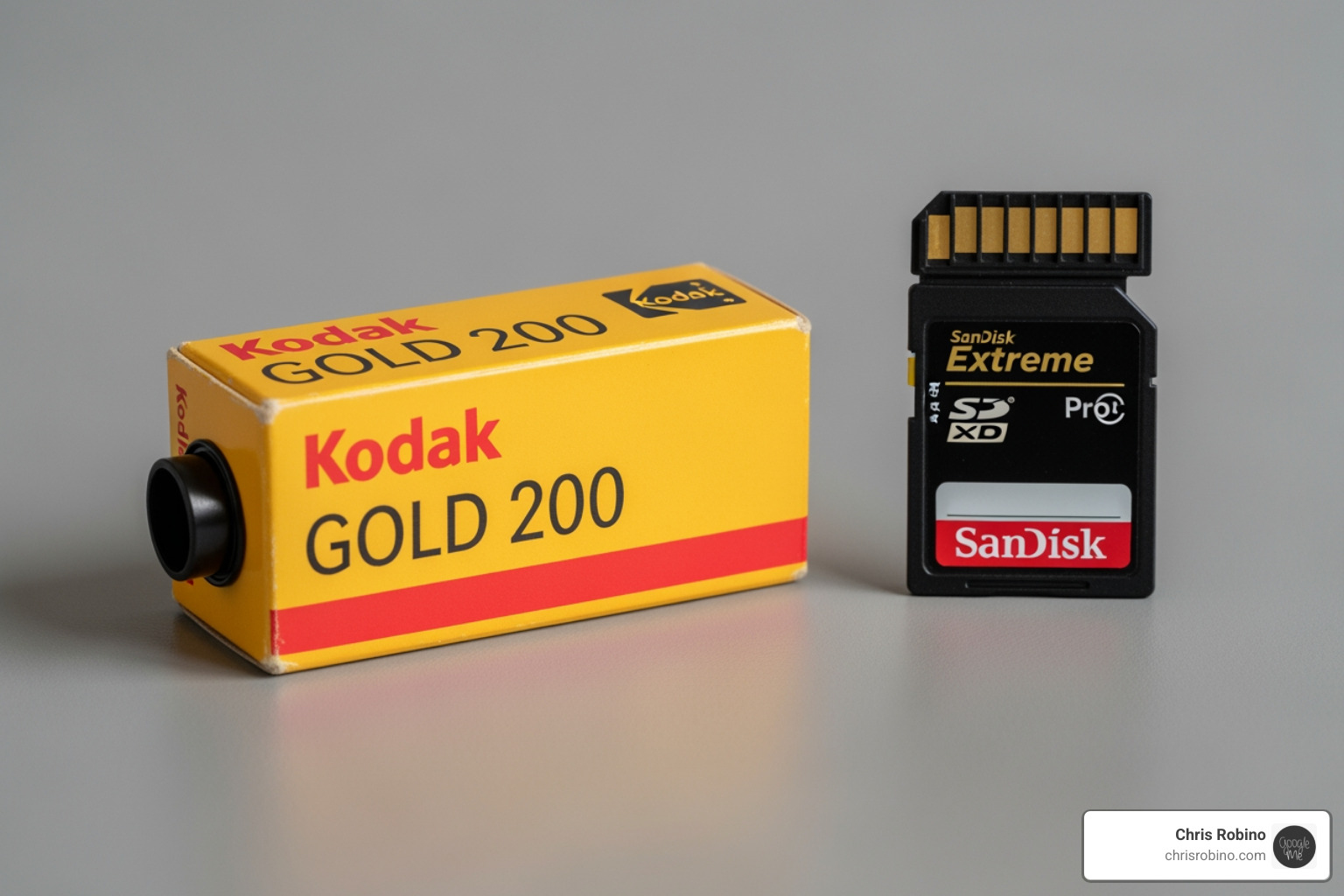 vintage film roll next to a digital camera's memory card - firm that has failed in its disruptive technology innovation
