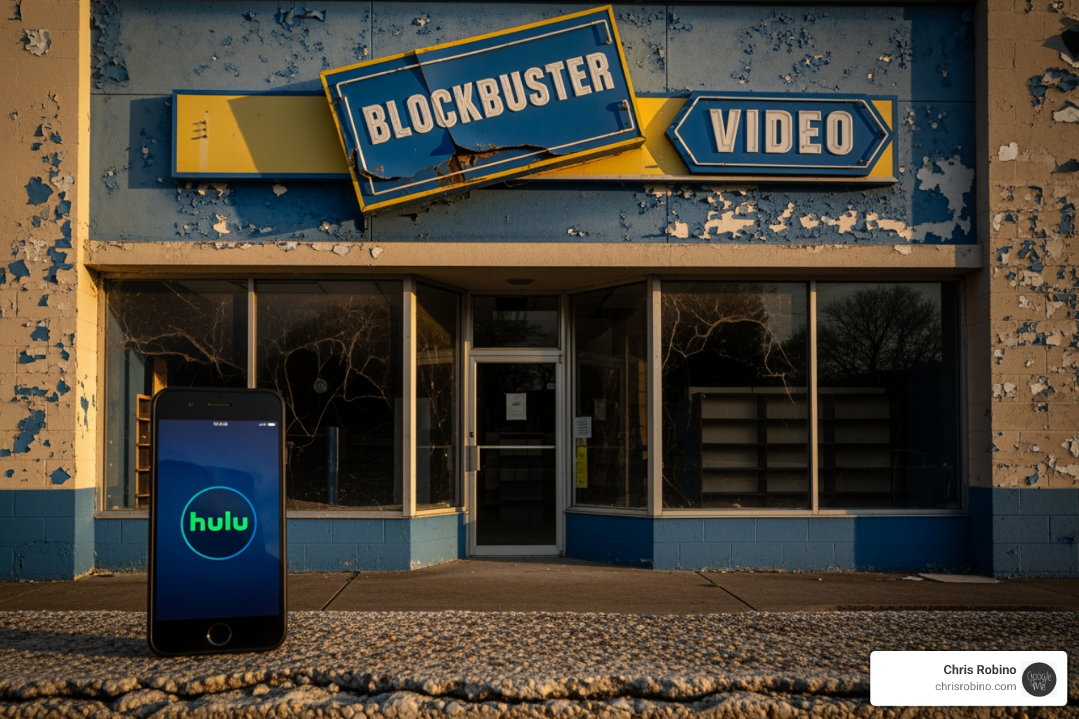 an abandoned video rental store next to a modern streaming service logo on a phone - firm that has failed in its disruptive technology innovation