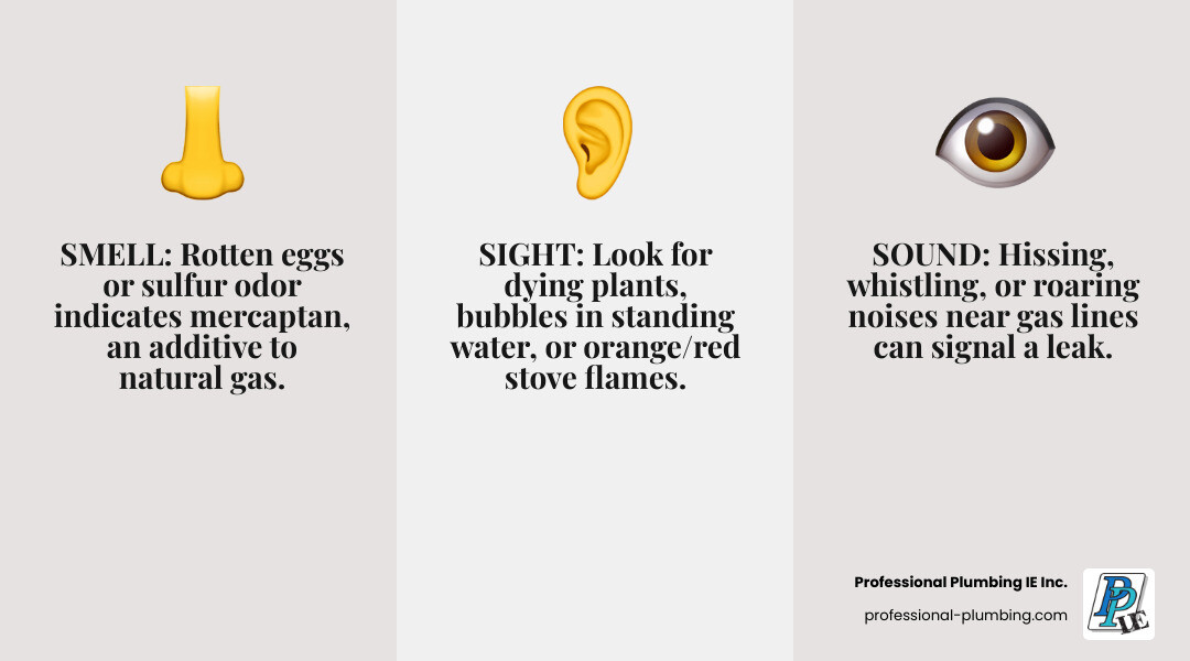 Infographic showing three main ways to detect gas leaks: a nose icon with "SMELL: Rotten eggs or sulfur odor," an ear icon with "SOUND: Hissing, whistling or roaring near gas lines," and an eye icon with "SIGHT: Dead plants, bubbles in water, orange stove flames" - detecting gas leak in home infographic 3_facts_emoji_grey Infographic showing three main ways to detect gas leaks: a nose icon with "SMELL: Rotten eggs or sulfur odor," an ear icon with "SOUND: Hissing, whistling or roaring near gas lines," and an eye icon with "SIGHT: Dead plants, bubbles in water, orange stove flames" - detecting gas leak in home infographic 3_facts_emoji_grey