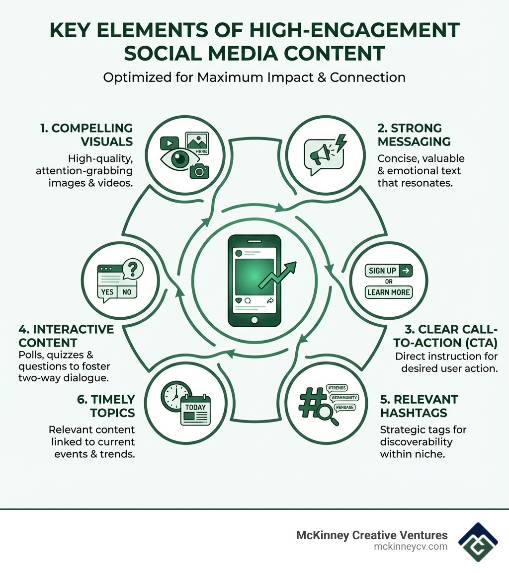 infographic showing the key elements of a high-engagement social media post including compelling visuals, strong messaging, clear call-to-action, relevant hashtags, interactive content, and timely topics - social media content generation infographic infographic showing the key elements of a high-engagement social media post including compelling visuals, strong messaging, clear call-to-action, relevant hashtags, interactive content, and timely topics - social media content generation infographic