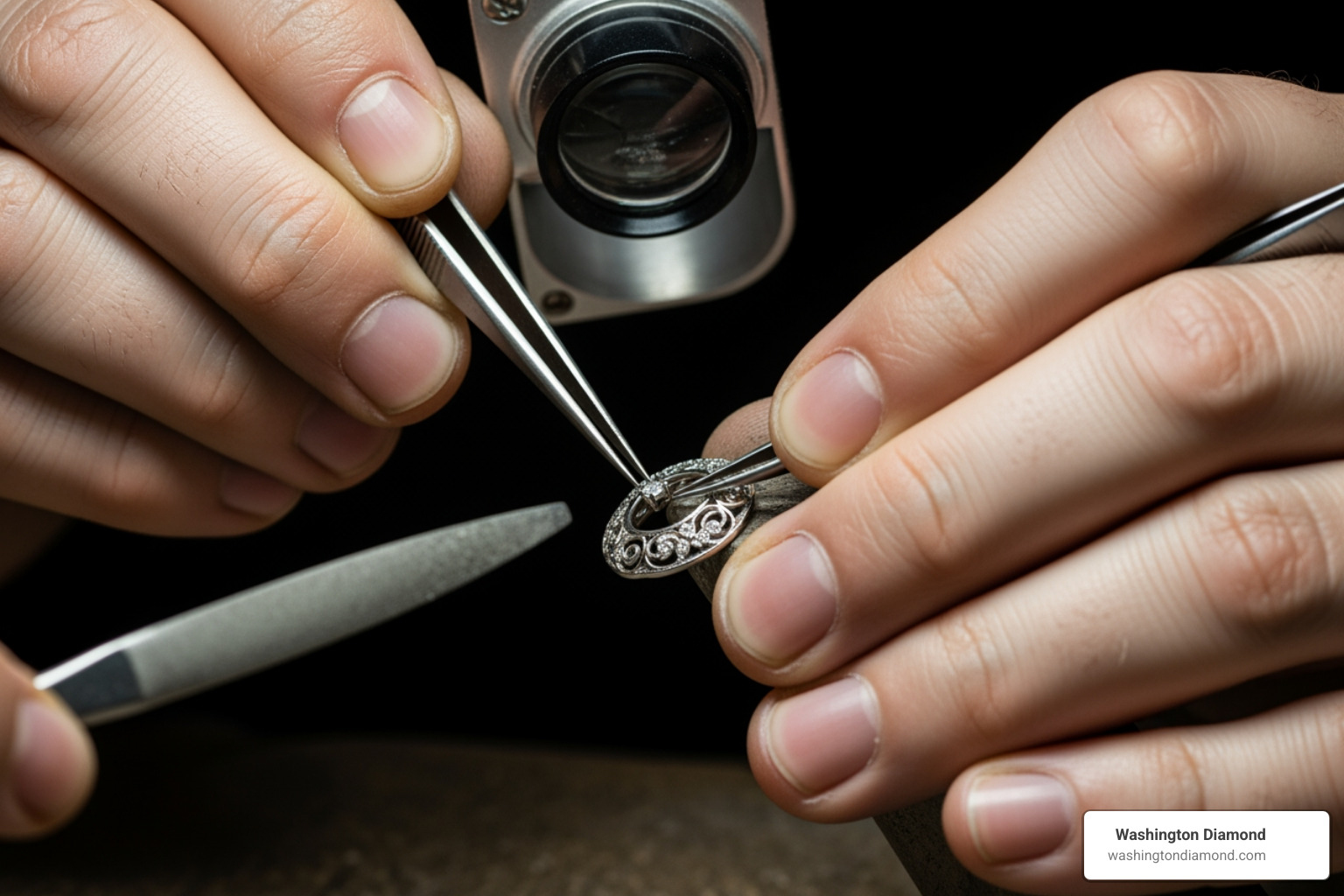 A jeweler's hands meticulously working on a detailed piece of jewelry with specialized tools. - Custom Jewelry Northern Virginia A jeweler's hands meticulously working on a detailed piece of jewelry with specialized tools. - Custom Jewelry Northern Virginia