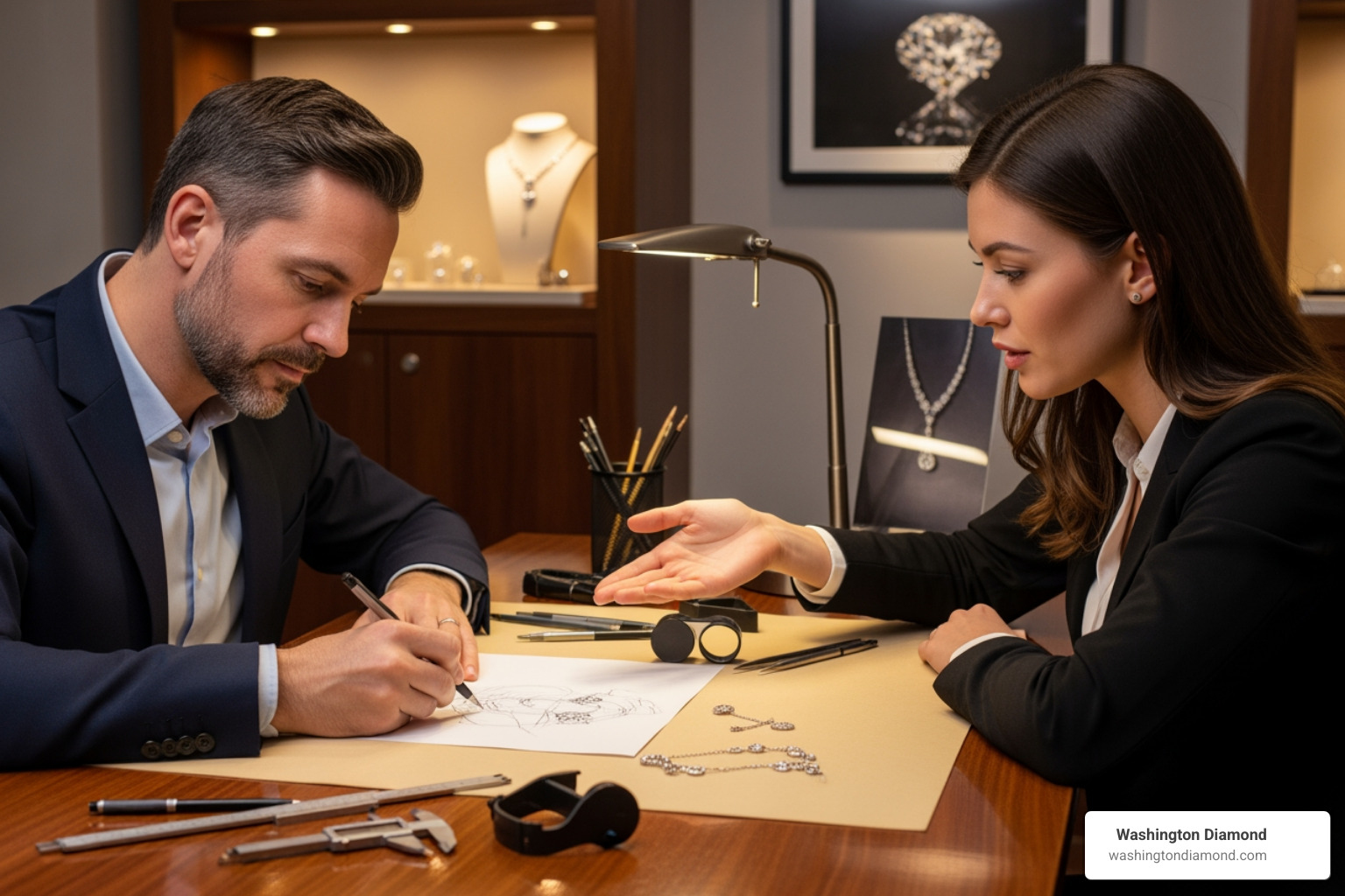 A jeweler sketching a design with a client, showing collaboration and attention to detail. - Custom Jewelry Northern Virginia A jeweler sketching a design with a client, showing collaboration and attention to detail. - Custom Jewelry Northern Virginia