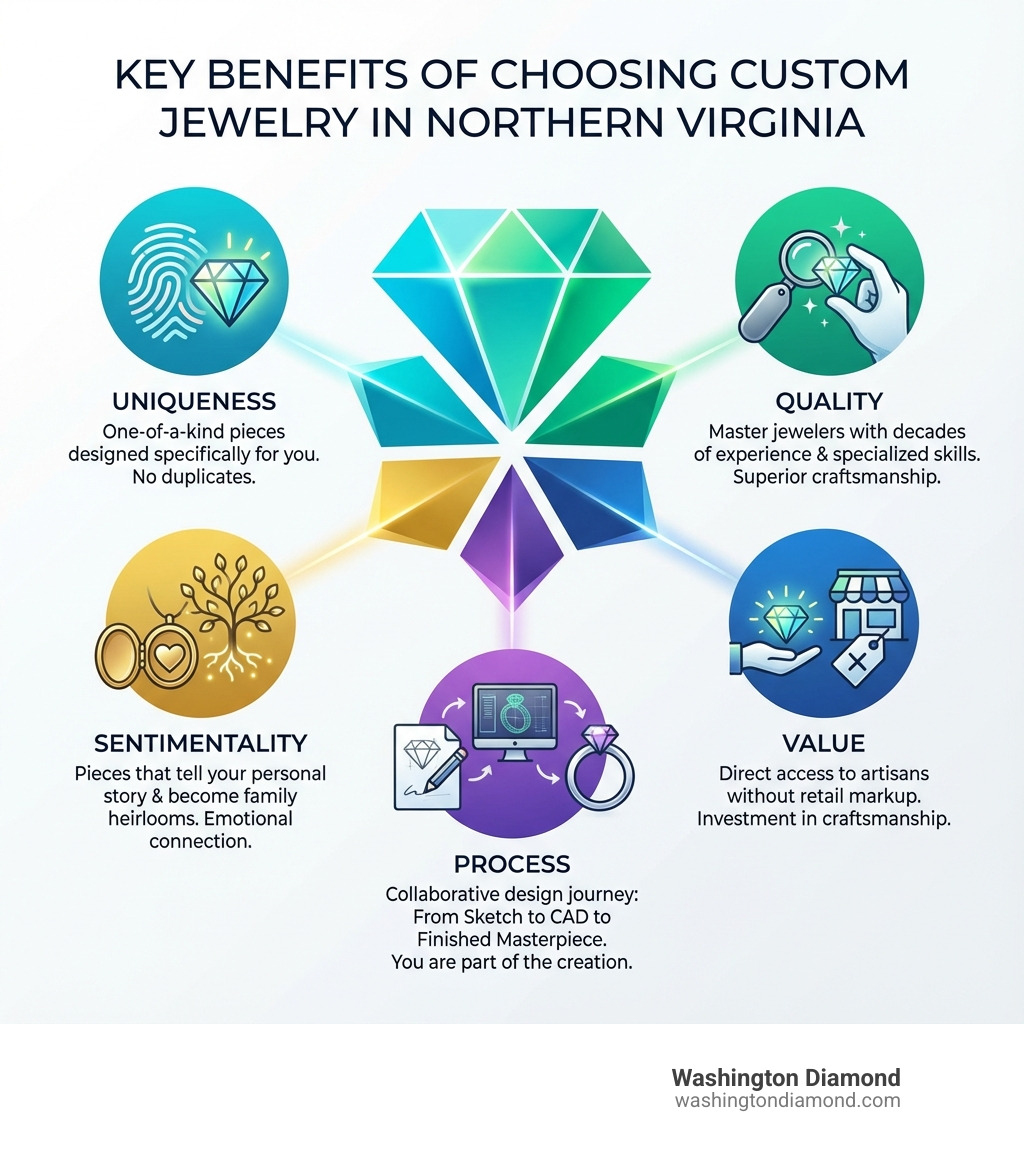 Infographic showing the key benefits of choosing custom jewelry in Northern Virginia: Uniqueness (one-of-a-kind pieces designed specifically for you), Quality (master jewelers with decades of experience and specialized skills), Sentimentality (pieces that tell your personal story and become family heirlooms), Value (direct access to artisans without retail markup), and Process (collaborative design journey from sketch to CAD to finished masterpiece) - Custom Jewelry Northern Virginia infographic Infographic showing the key benefits of choosing custom jewelry in Northern Virginia: Uniqueness (one-of-a-kind pieces designed specifically for you), Quality (master jewelers with decades of experience and specialized skills), Sentimentality (pieces that tell your personal story and become family heirlooms), Value (direct access to artisans without retail markup), and Process (collaborative design journey from sketch to CAD to finished masterpiece) - Custom Jewelry Northern Virginia infographic