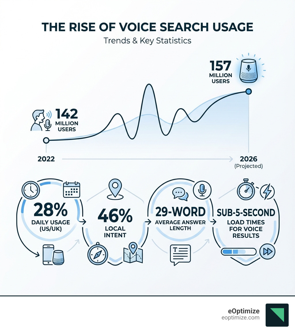 Infographic showing the rise of voice search usage from 142 million users in 2022 to 157 million projected by 2026, with key statistics: 28% daily usage in US/UK, 46% local intent, 29-word average answer length, and sub-5-second load times for voice results - Voice search optimization infographic 