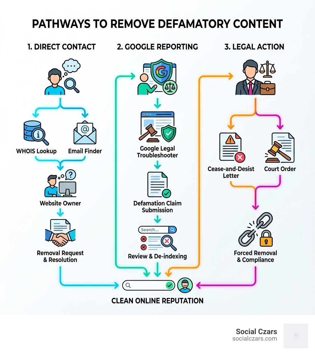 infographic showing three main paths to remove defamatory content: 1) Direct Contact with website owner using WHOIS lookup and Hunter.io, 2) Google Reporting through Legal Troubleshooter for defamation claims, and 3) Legal Action including cease-and-desist letters and court orders - remove defamatory content google infographic 