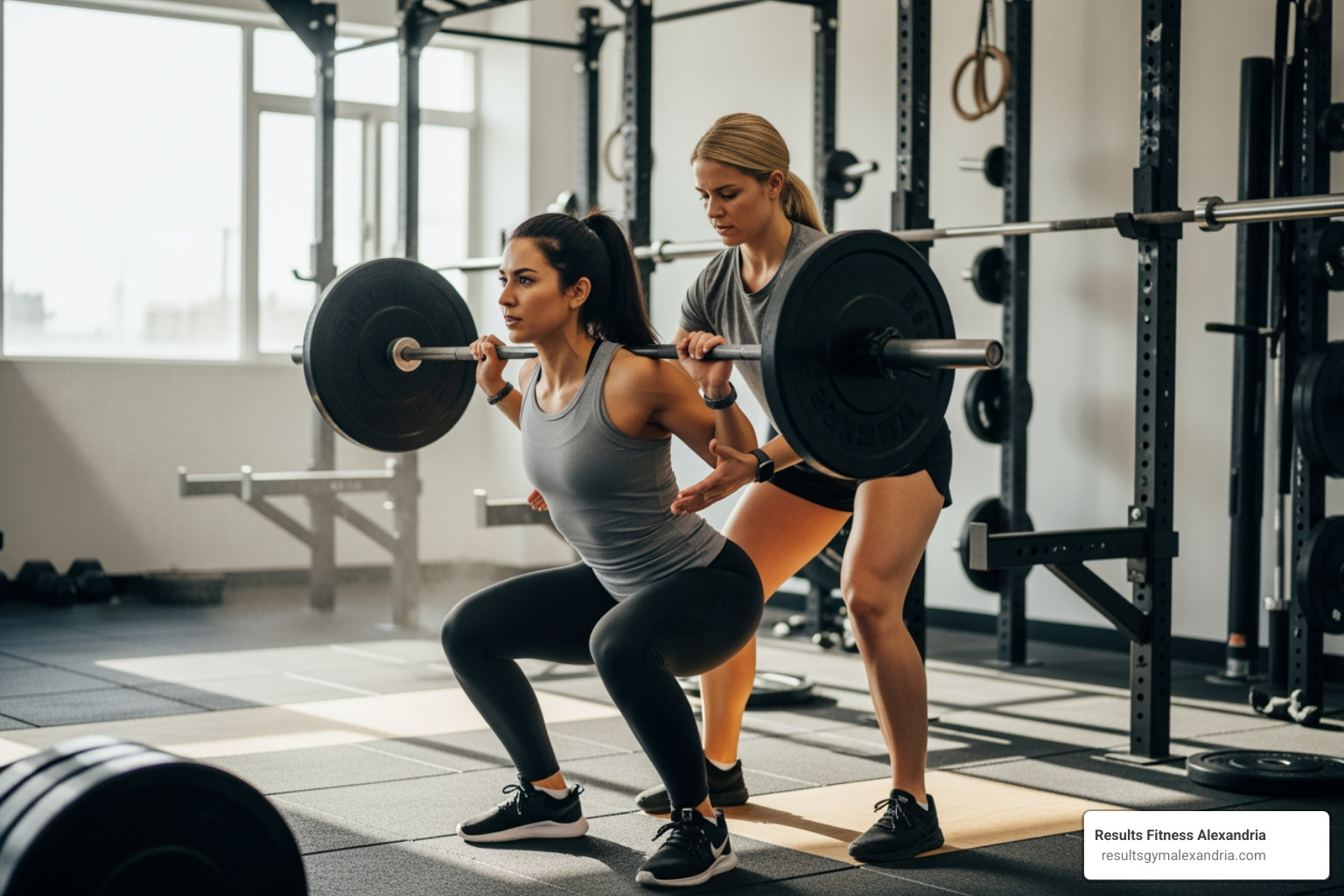 two women spotting each other during a weightlifting exercise - all female gym near me