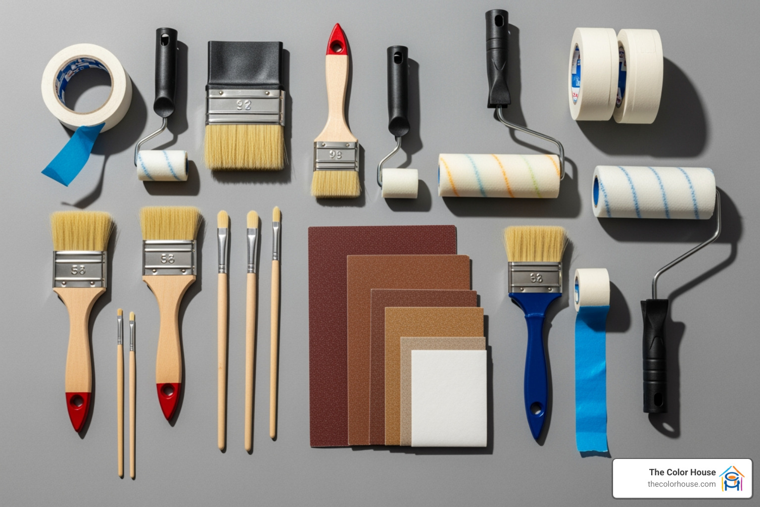 a flat lay of painting tools including various brushes, mini foam rollers, painter's tape, and sandpaper - painting hardware near me