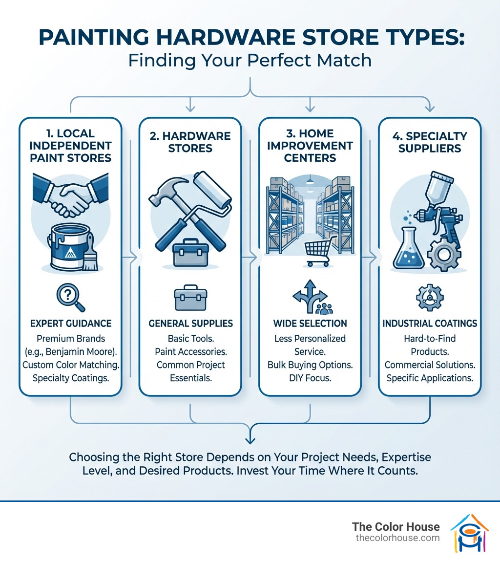Infographic showing the types of stores where you can find painting hardware: Local Independent Paint Stores offering expert guidance and premium brands like Benjamin Moore, Hardware Stores providing general supplies and basic tools, Home Improvement Centers with wide selection but less personalized service, and Specialty Suppliers carrying industrial coatings and hard-to-find products - painting hardware near me infographic 