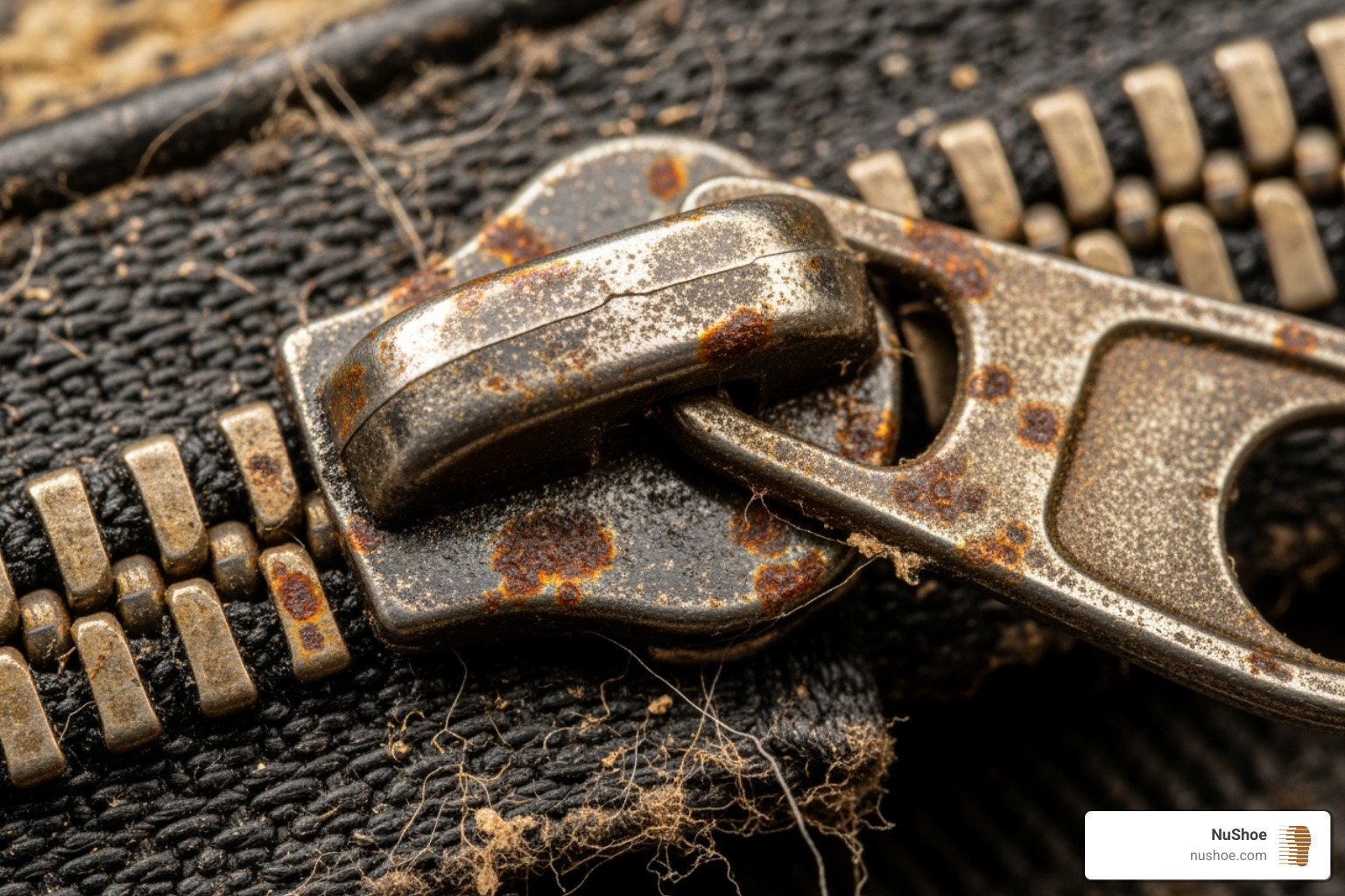 close-up on a dirty, grimy zipper - how to fix sticky zipper on boots