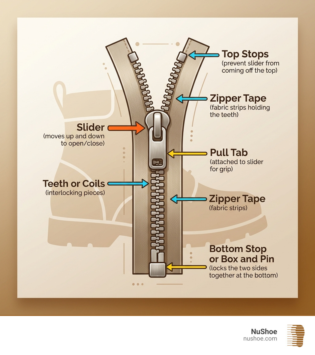 Infographic showing zipper anatomy with labeled parts: slider (the part that moves up and down), teeth or coils (interlocking pieces on each side), pull tab (attached to slider for easy grip), zipper tape (fabric strips holding the teeth), top stops (prevent slider from coming off the top), bottom stop or box and pin (locks the two sides together at the bottom) - how to fix sticky zipper on boots infographic 