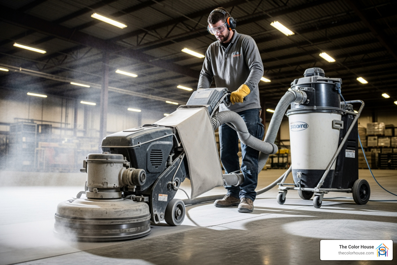 person grinding concrete floor - epoxy paint dealers near me