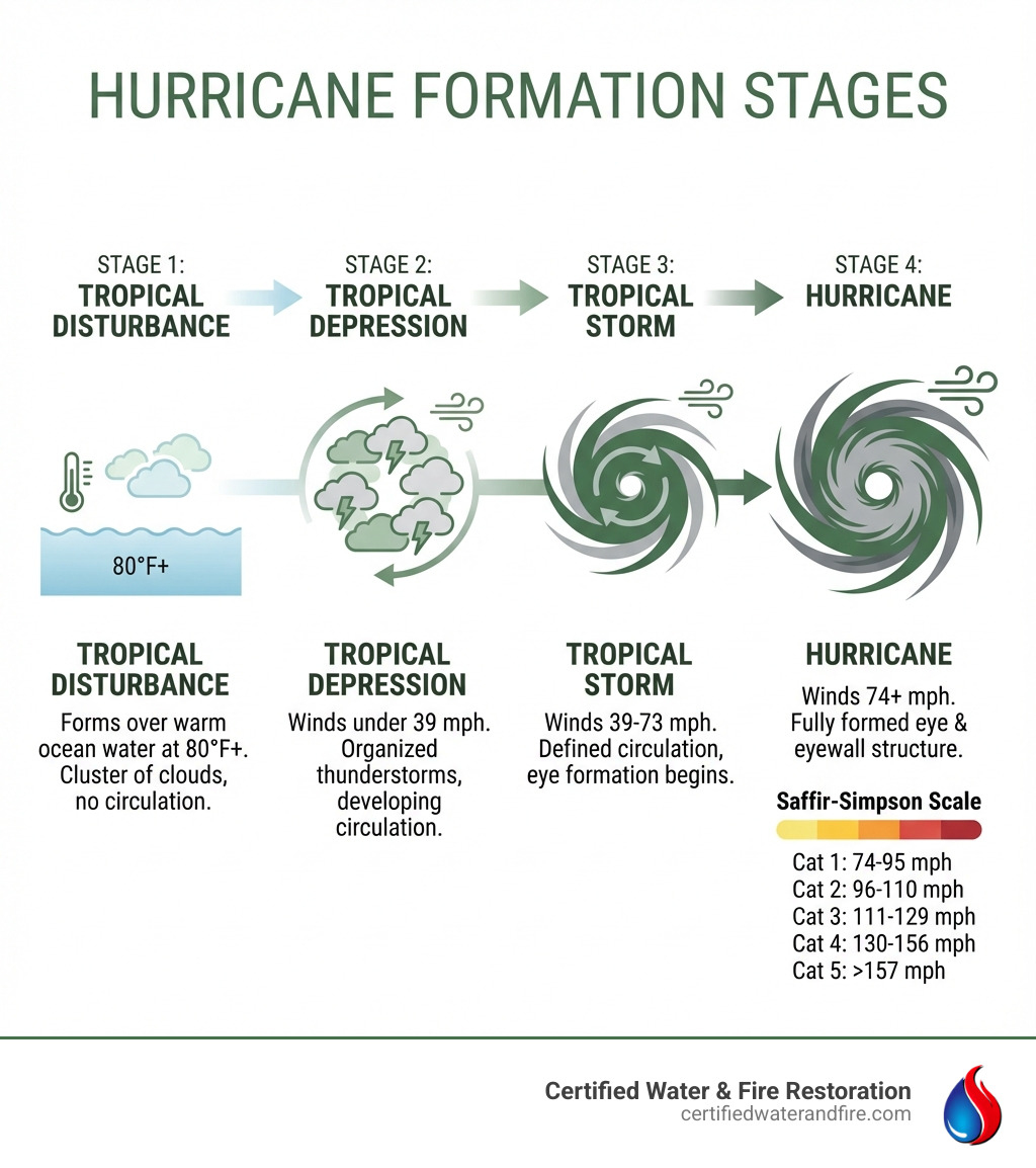 Infographic showing hurricane formation stages: tropical disturbance forms over warm ocean water at 80°F+, develops into tropical depression with winds under 39 mph and organized thunderstorms, strengthens to tropical storm at 39-73 mph with defined circulation and eye formation beginning, becomes a hurricane at 74-75+ mph with fully formed eye and eyewall structure, categorized 1-5 on Saffir-Simpson Scale based on maximum sustained wind speeds - facts about hurricanes infographic Infographic showing hurricane formation stages: tropical disturbance forms over warm ocean water at 80°F+, develops into tropical depression with winds under 39 mph and organized thunderstorms, strengthens to tropical storm at 39-73 mph with defined circulation and eye formation beginning, becomes a hurricane at 74-75+ mph with fully formed eye and eyewall structure, categorized 1-5 on Saffir-Simpson Scale based on maximum sustained wind speeds - facts about hurricanes infographic