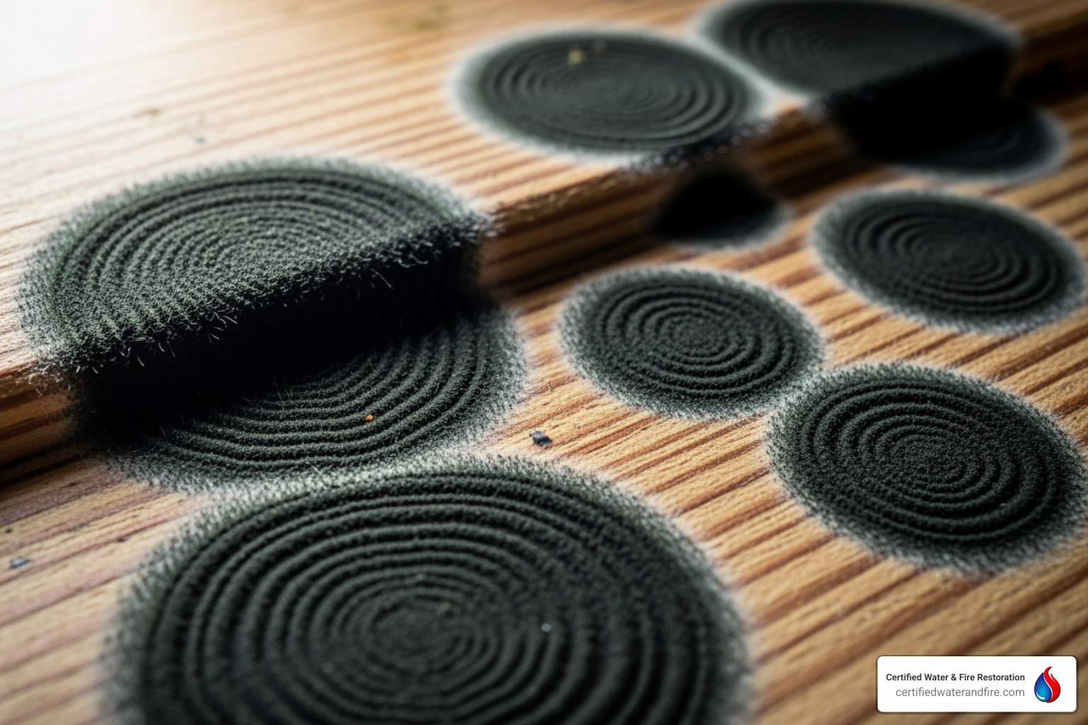 black mold on wood in circular pattern - what does black mold look like