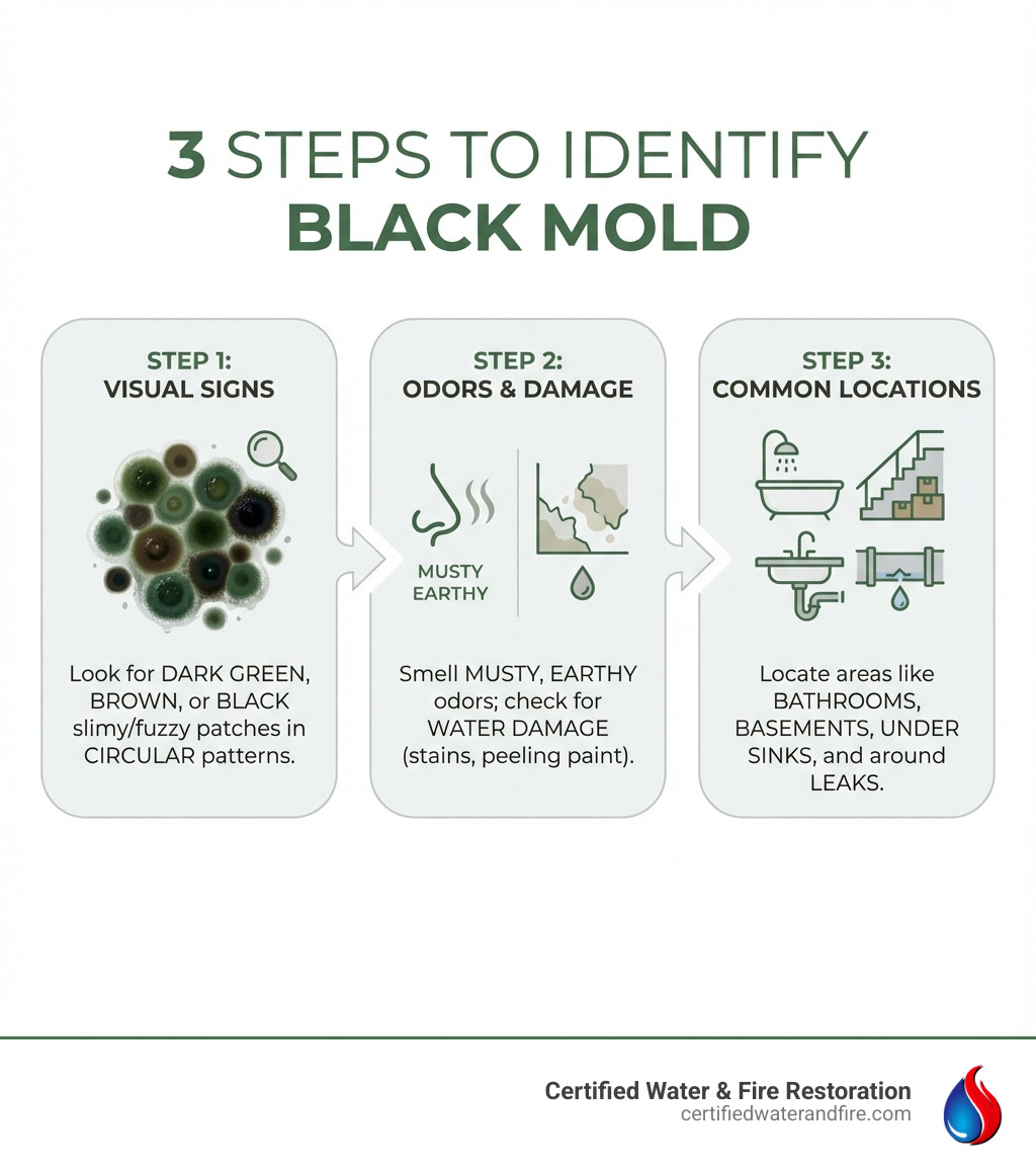 Infographic showing three steps to identify black mold: Step 1 - Look for dark green, brown, or black slimy or fuzzy patches in circular patterns; Step 2 - Smell for musty, earthy odors and check for water damage signs like stains and peeling paint; Step 3 - Locate common growth areas including bathrooms, basements, under sinks, and around leaks - what does black mold look like infographic 