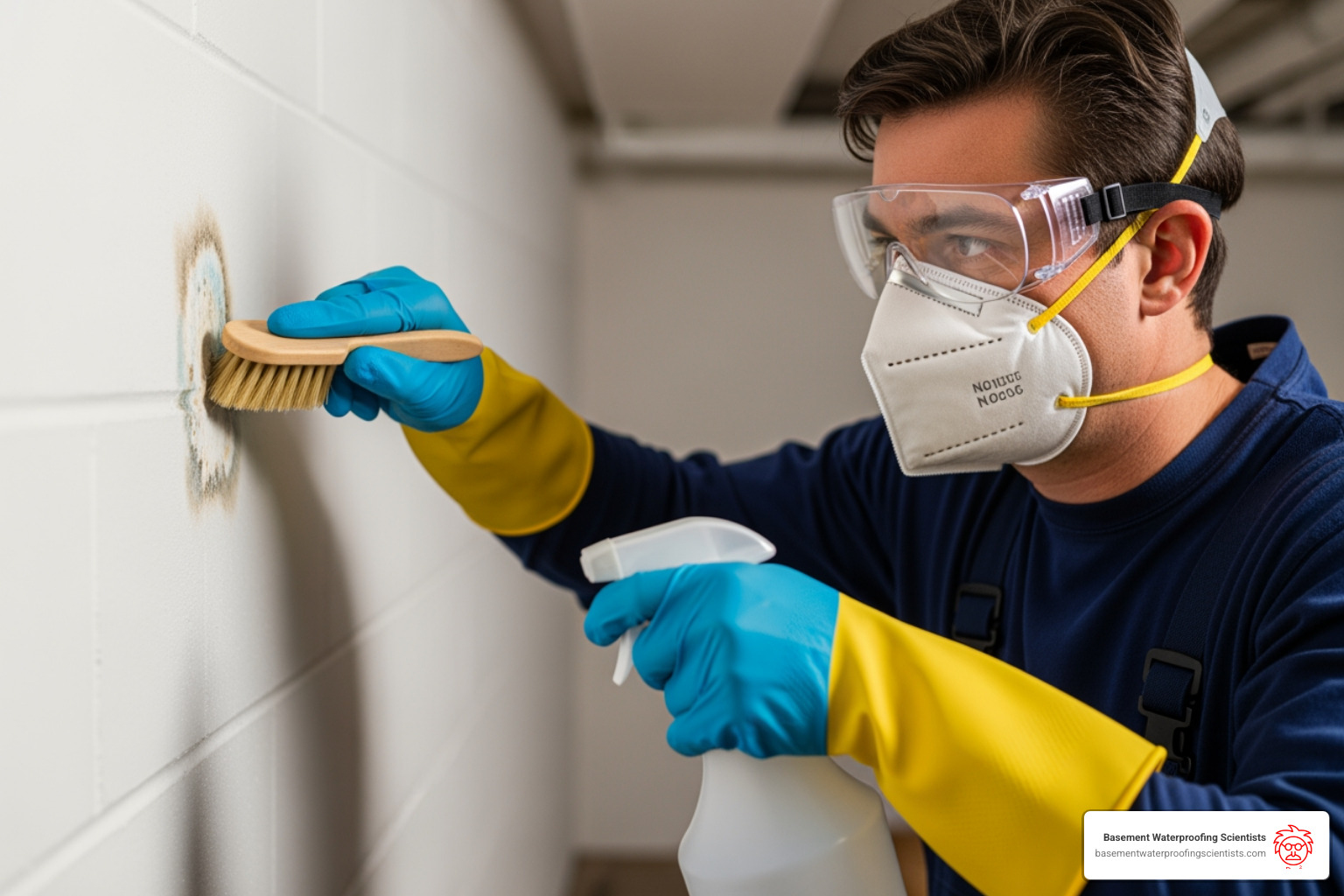 Person wearing proper PPE (N-95 mask, gloves, goggles) cleaning a small mold patch - basement mold remediation