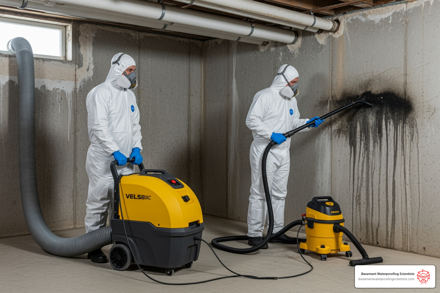 Professional mold remediation team using an air scrubber and HEPA vacuum - basement mold remediation