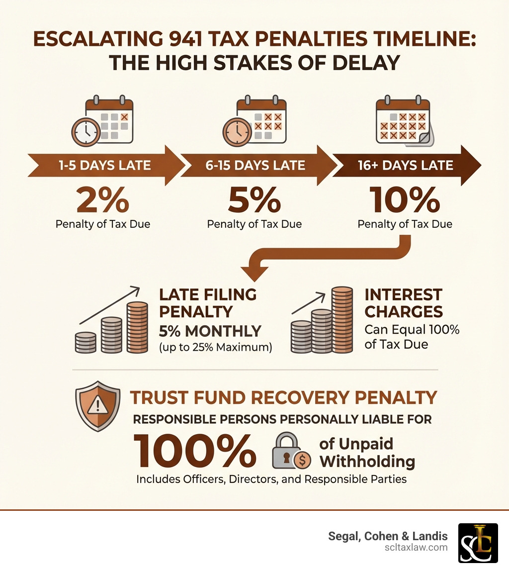 infographic showing escalating 941 tax penalties timeline: 2% penalty for payments 1-5 days late, 5% penalty for 6-15 days late, 10% penalty for 16+ days late, 5% monthly late filing penalty up to 25% maximum, plus interest charges that can equal 100% of tax due, and Trust Fund Recovery Penalty making responsible persons personally liable for 100% of unpaid withholding - 941 tax attorney los angeles infographic 