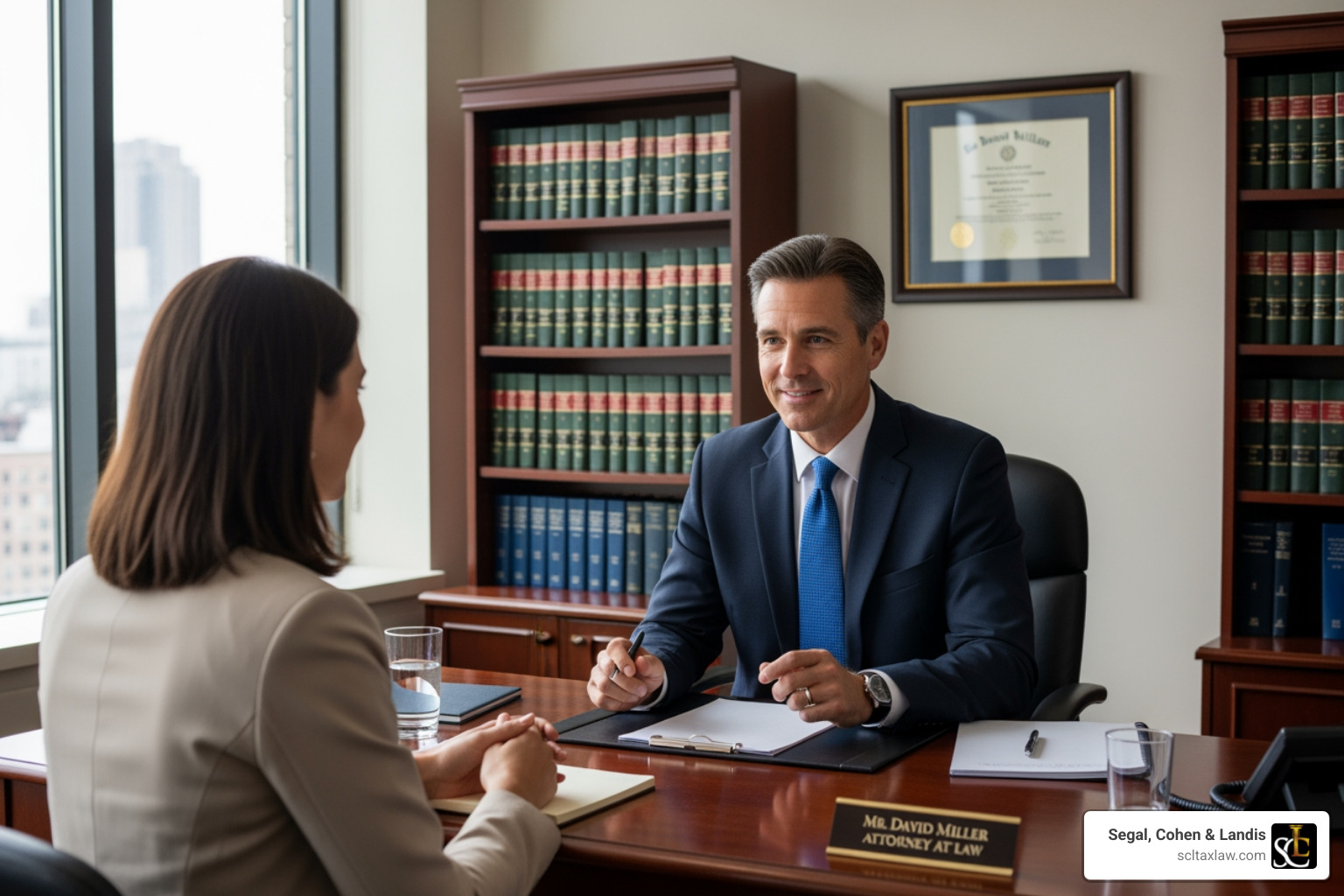 of a confident attorney speaking with a client - payroll tax attorney of a confident attorney speaking with a client - payroll tax attorney