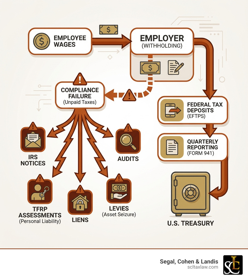 Infographic explaining the flow of payroll taxes from employee wages through employer withholding, federal tax deposits via EFTPS, quarterly Form 941 reporting, to the U.S. Treasury, with potential IRS enforcement actions (notices, audits, TFRP assessments, liens, levies) when compliance fails - payroll tax attorney infographic Infographic explaining the flow of payroll taxes from employee wages through employer withholding, federal tax deposits via EFTPS, quarterly Form 941 reporting, to the U.S. Treasury, with potential IRS enforcement actions (notices, audits, TFRP assessments, liens, levies) when compliance fails - payroll tax attorney infographic