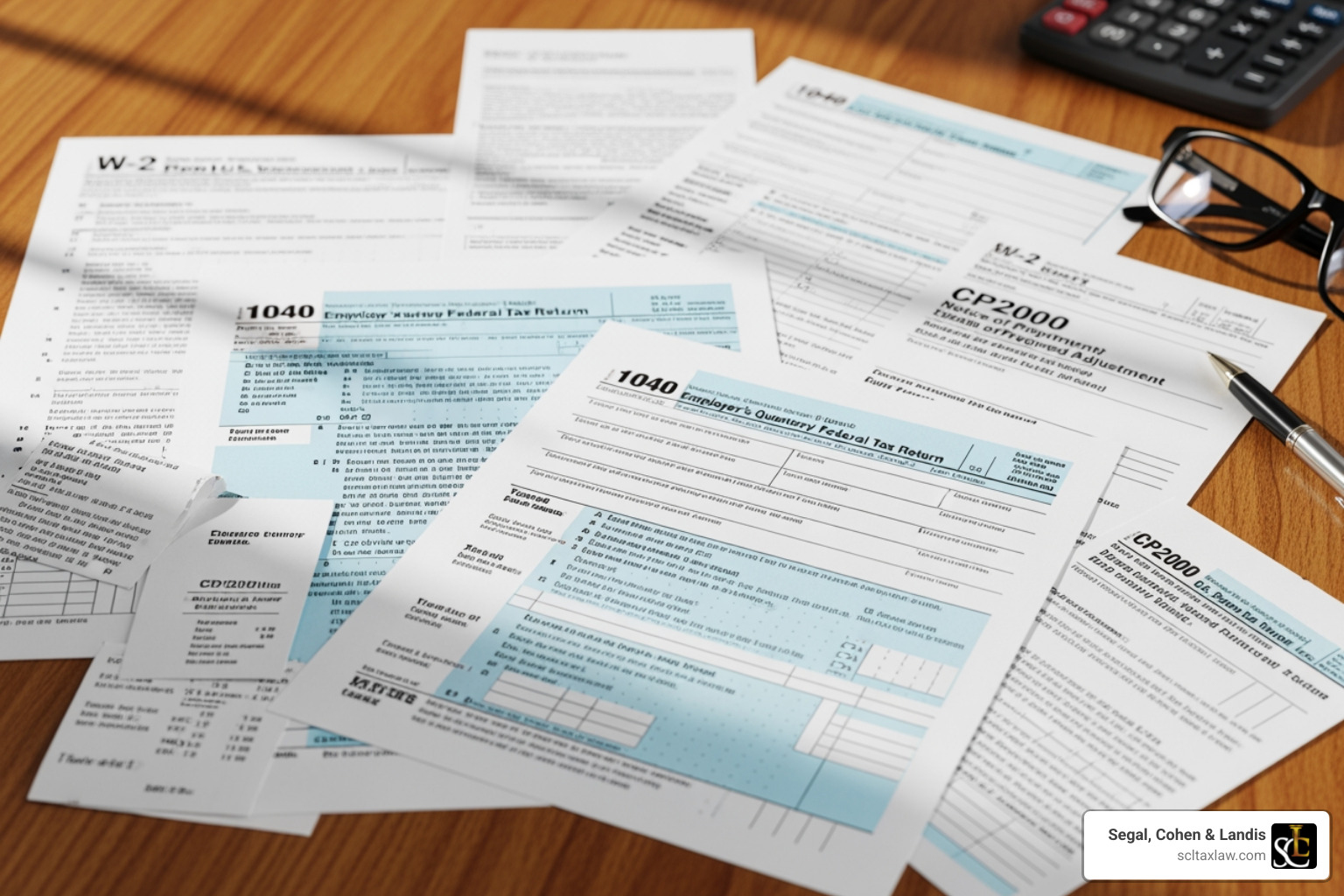 collage of tax forms like 1040, 941, and a CP2000 notice - los angeles california tax attorneys