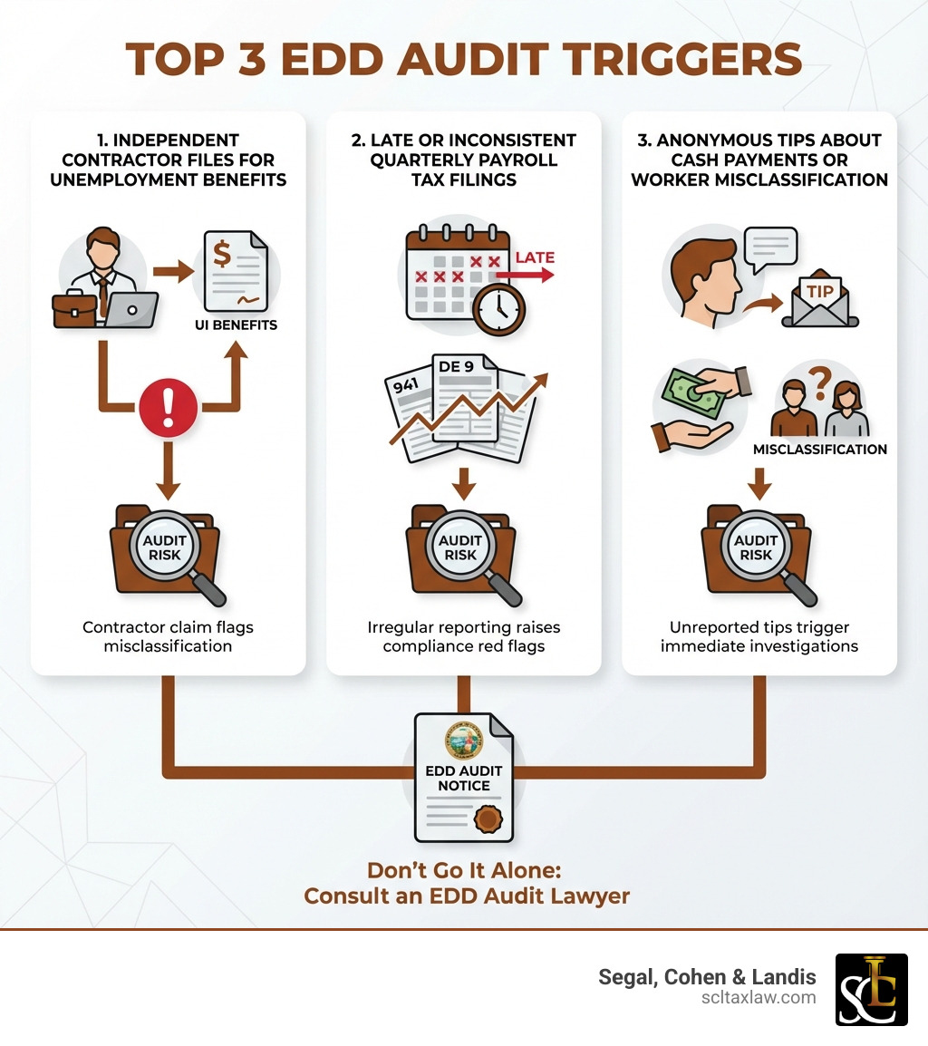 Infographic showing top 3 EDD audit triggers: 1) Independent contractor files for unemployment benefits 2) Late or inconsistent quarterly payroll tax filings 3) Anonymous tips about cash payments or worker misclassification - EDD audit lawyer infographic 