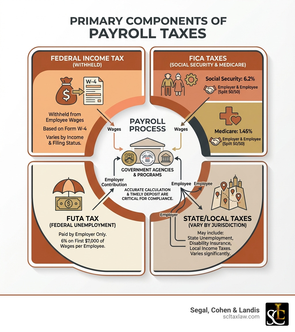 Infographic showing the primary components of payroll taxes: Federal Income Tax (withheld from employee wages based on Form W-4), FICA Taxes (Social Security 6.2% + Medicare 1.45% split between employer and employee), FUTA Tax (Federal Unemployment Tax paid by employer at 6% on first $7,000 of wages), and State/Local Taxes (vary by jurisdiction and may include state unemployment, disability insurance, and local income taxes) - payroll tax solutions infographic 