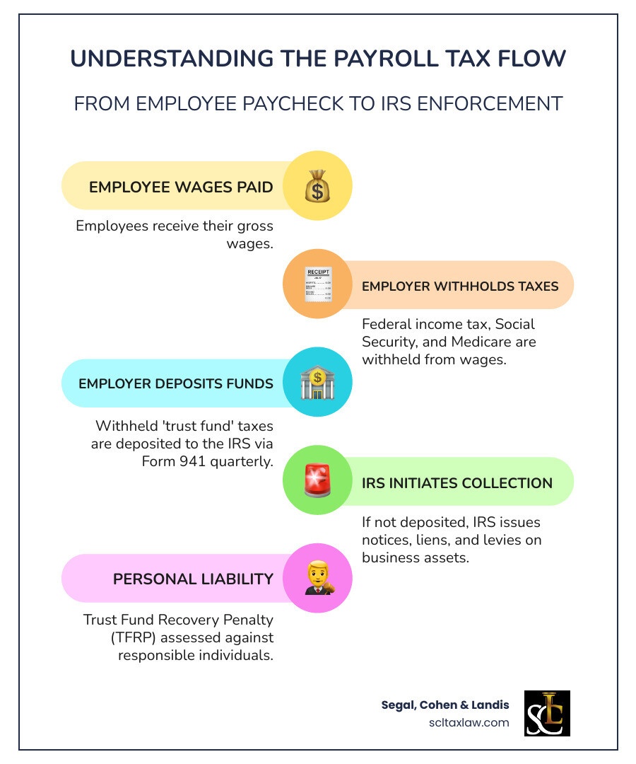 Infographic showing the flow of payroll taxes: Employee wages are paid → Employer withholds federal income tax, Social Security, and Medicare → Employer deposits these trust fund taxes to IRS via Form 941 quarterly → If not deposited, IRS initiates collection actions including notices, liens, levies, and Trust Fund Recovery Penalty assessments against responsible persons - payroll tax lawyer infographic infographic-line-5-steps-colors