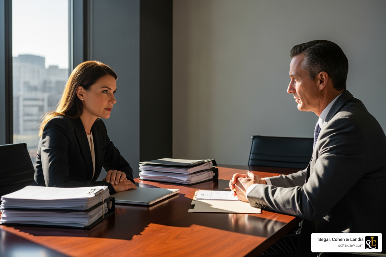 IMAGE of a lawyer confidently negotiating with an IRS agent - payroll tax lawyer