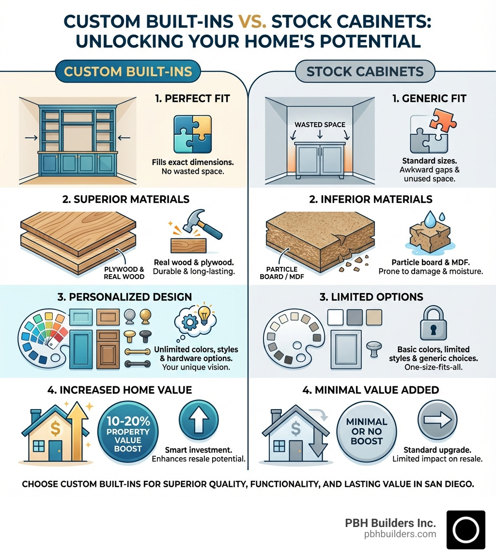 Infographic comparing custom built-ins versus stock cabinets, showing four key advantages: Perfect Fit (custom cabinets fill exact dimensions with no wasted space), Superior Materials (real wood and plywood versus particle board), Personalized Design (unlimited colors, styles, and hardware options), and Increased Home Value (10-20% property value boost with custom cabinetry) - custom built in cabinets san diego infographic Infographic comparing custom built-ins versus stock cabinets, showing four key advantages: Perfect Fit (custom cabinets fill exact dimensions with no wasted space), Superior Materials (real wood and plywood versus particle board), Personalized Design (unlimited colors, styles, and hardware options), and Increased Home Value (10-20% property value boost with custom cabinetry) - custom built in cabinets san diego infographic