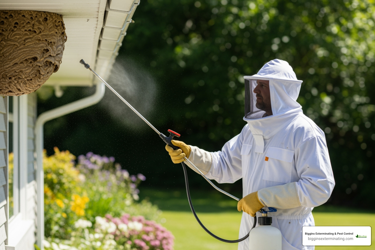 Pest control professional in protective gear treating a nest - Bee removal Andover MA