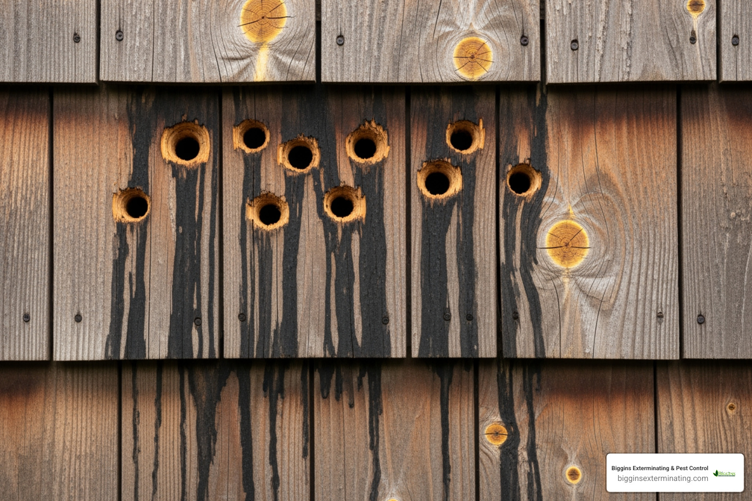 Carpenter bee holes and staining on wood siding - Bee removal Andover MA