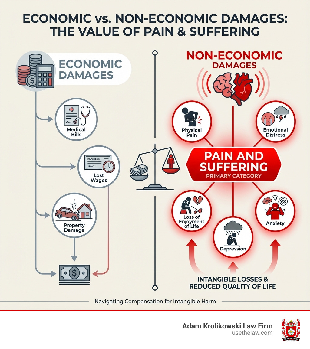 Infographic showing the difference between economic damages (medical bills, lost wages, property damage) on the left side and non-economic damages (physical pain, emotional distress, loss of enjoyment of life, anxiety, depression) on the right side, with pain and suffering highlighted as the primary category of non-economic damages - Pain and suffering lawyer infographic Infographic showing the difference between economic damages (medical bills, lost wages, property damage) on the left side and non-economic damages (physical pain, emotional distress, loss of enjoyment of life, anxiety, depression) on the right side, with pain and suffering highlighted as the primary category of non-economic damages - Pain and suffering lawyer infographic
