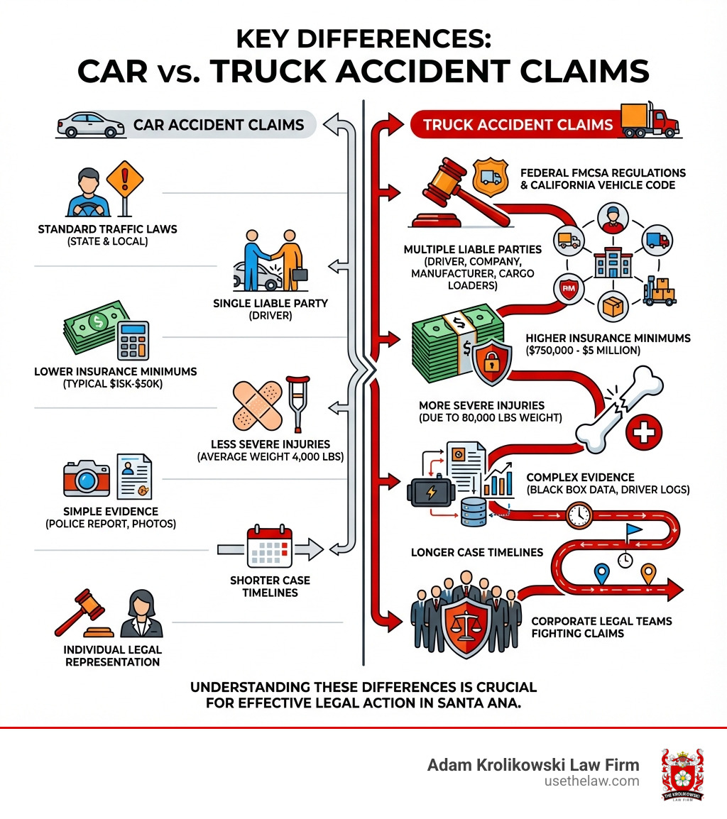 Infographic showing key differences between car and truck accident claims: Truck accidents involve federal FMCSA regulations and California Vehicle Code, multiple liable parties including driver/company/manufacturer/cargo loaders, higher insurance minimums of $750,000-$5 million, more severe injuries due to 80,000 pound weight, complex evidence like black box data and driver logs, longer case timelines, and corporate legal teams fighting claims - truck accident lawyer santa ana infographic Infographic showing key differences between car and truck accident claims: Truck accidents involve federal FMCSA regulations and California Vehicle Code, multiple liable parties including driver/company/manufacturer/cargo loaders, higher insurance minimums of $750,000-$5 million, more severe injuries due to 80,000 pound weight, complex evidence like black box data and driver logs, longer case timelines, and corporate legal teams fighting claims - truck accident lawyer santa ana infographic