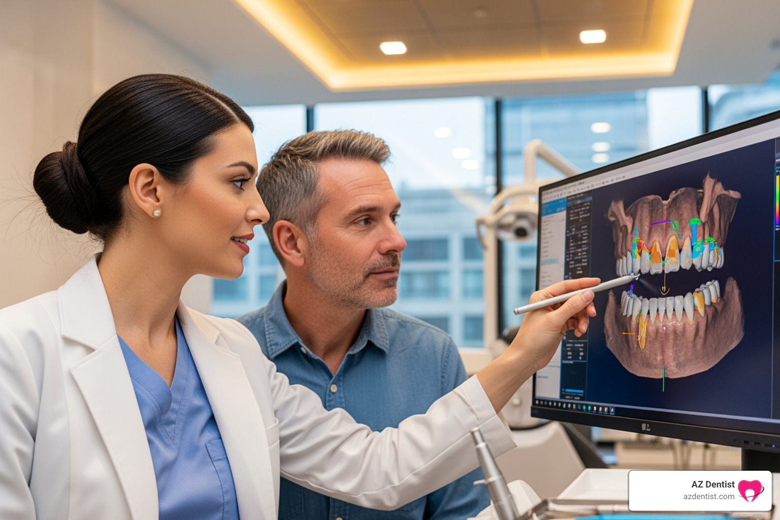 dentist and patient reviewing a 3D dental scan - implant supported partial