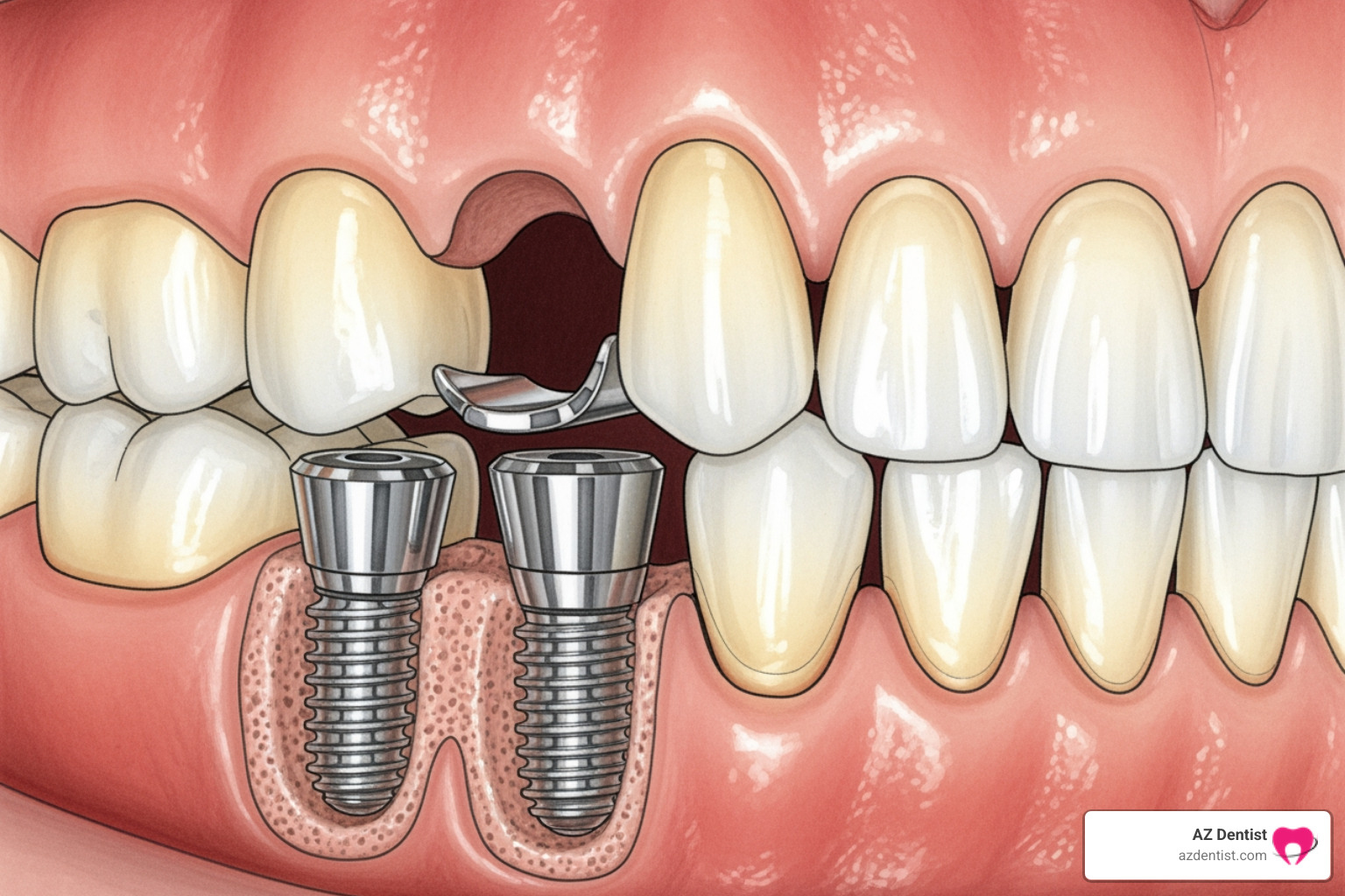 diagram showing an implant-supported partial in the mouth - implant supported partial