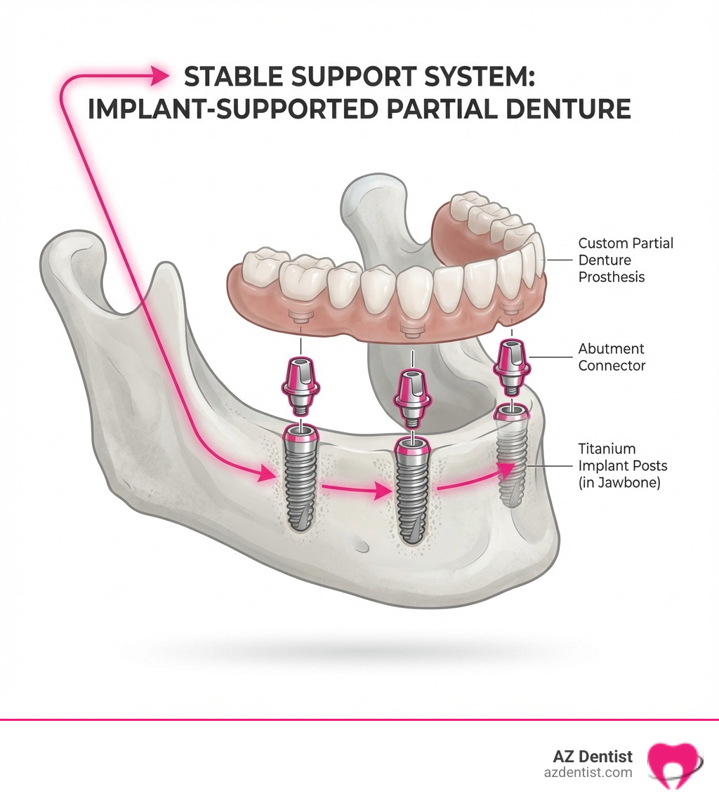 infographic showing three components: a titanium implant post in the jawbone, an abutment connector on top, and a custom partial denture prosthesis attached to multiple implants - implant supported partial infographic 