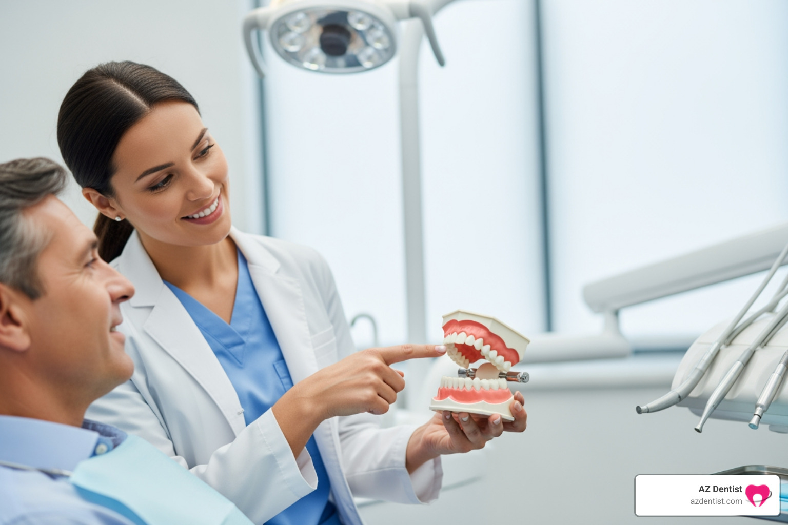 A dentist, with a kind and reassuring expression, is explaining a treatment plan to a patient who is seated in the dental chair. The dentist is holding up a dental model, pointing to a specific area, while the patient listens attentively, appearing to understand and trust the explanation. - emergency dentist Phoenix