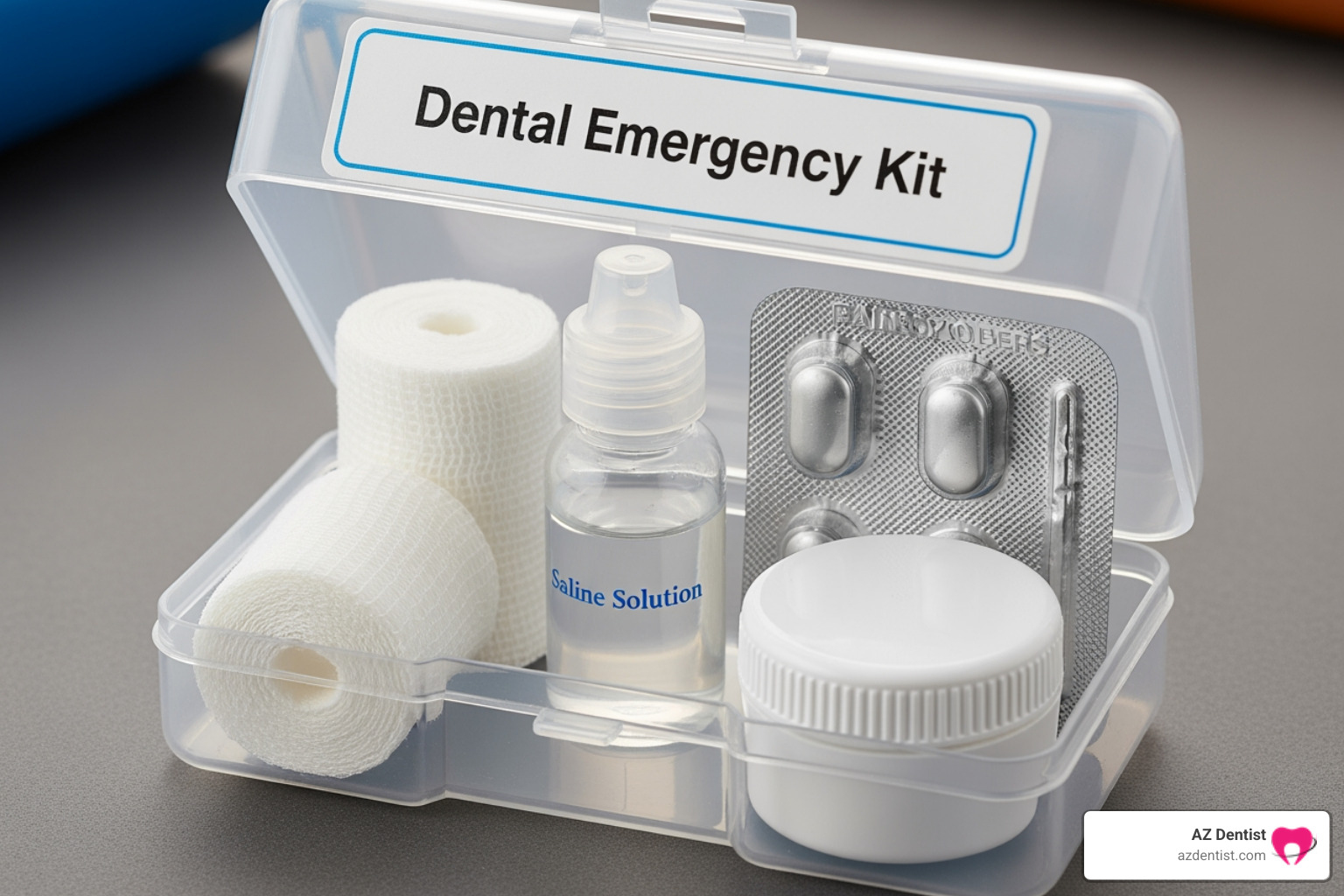 A small, clear plastic box labeled "Dental Emergency Kit" containing a roll of white gauze, a small bottle of saline solution, a small plastic container with a lid, and a blister pack of pain relievers - emergency dentist Phoenix