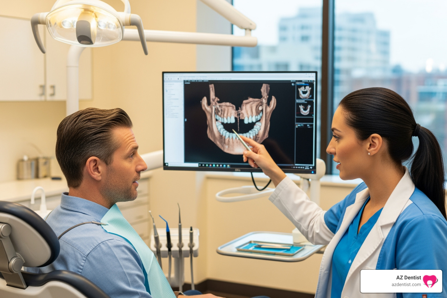 Dentist explaining 3D jaw scan to patient - implant retained dentures