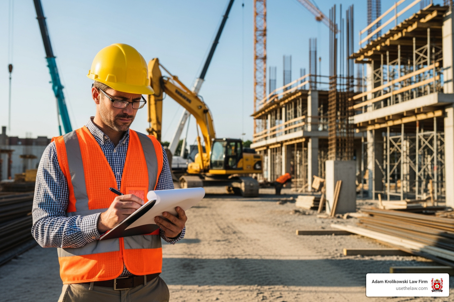 lawyer examining evidence at a construction site - Construction accident lawyer lawyer examining evidence at a construction site - Construction accident lawyer