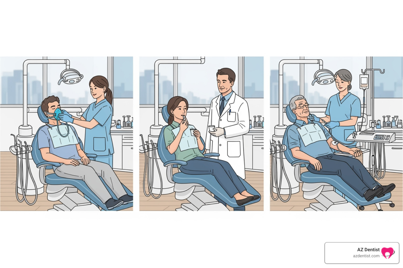 Illustration showing a patient receiving nitrous oxide through a nasal mask, another patient taking an oral sedation pill, and a third patient with an IV line in their arm for IV sedation. - Phoenix sedation dentistry
