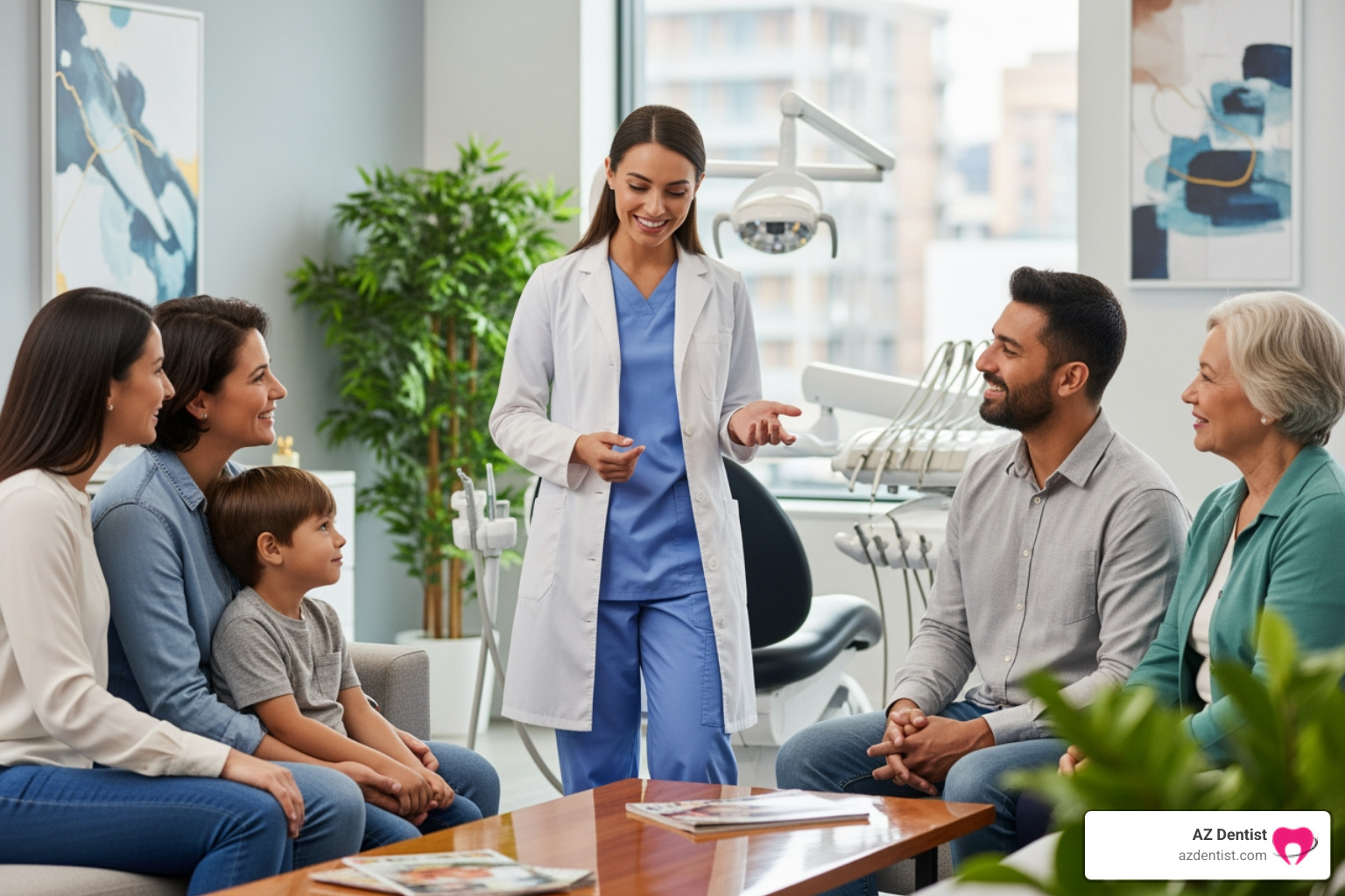 friendly dentist talking with a family of different ages - Scottsdale Dental Services