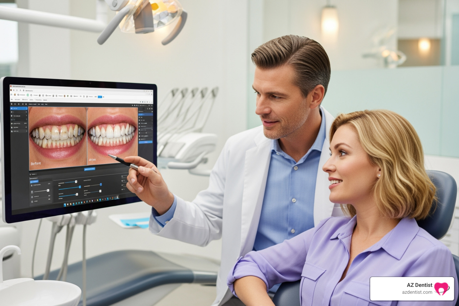 Illustration of a dentist and patient reviewing a digital smile design on a computer screen, showing before and after simulations of a cosmetic dental procedure - Glendale cosmetic dentistry